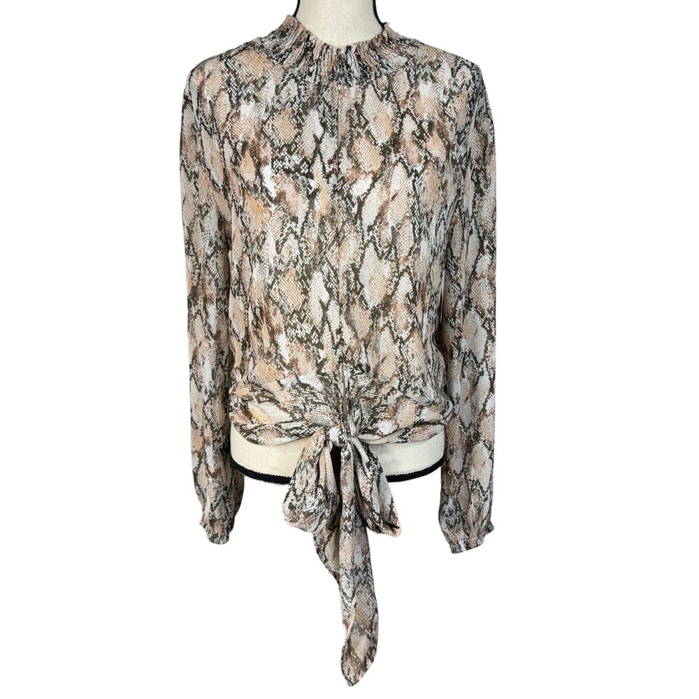 Altar’d State Medium Top Snake Print Semi-Sheer Tie Front Long Sleeve Mock Neck